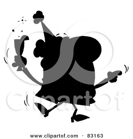 Royalty-Free (RF) Clipart Illustration of a Solid Black Silhouette Of A Drunk Dancing Woman At A Party by Hit Toon