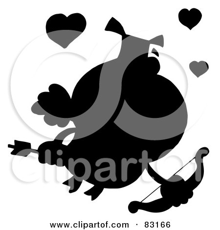 Royalty-Free (RF) Clipart Illustration of a Solid Black Silhouette Of A Pig Cupid by Hit Toon