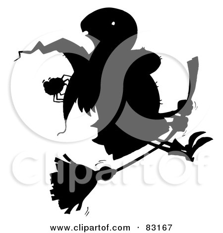 Royalty-Free (RF) Clipart Illustration of a Solid Black Silhouette Of A Flying Witch And Spider by Hit Toon