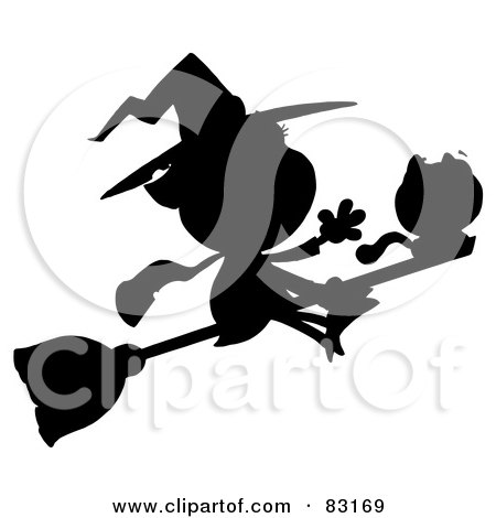Royalty-Free (RF) Clipart Illustration of a Solid Black Silhouette Of A Flying Witch With Cat by Hit Toon