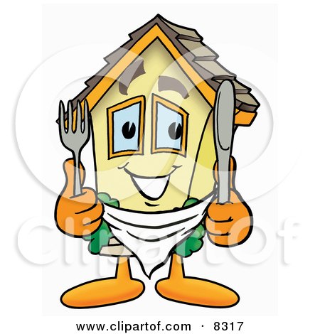 Clipart Picture of a House Mascot Cartoon Character Holding a Knife and Fork by Mascot Junction