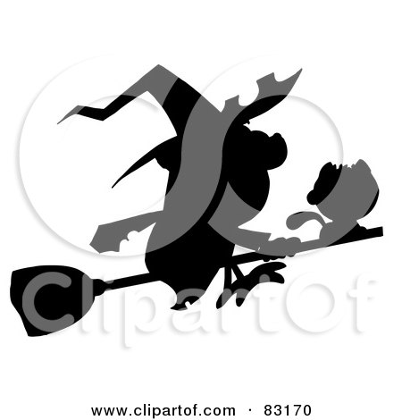 Royalty-Free (RF) Clipart Illustration of a Solid Black Silhouette Of A Flying Cat And Witch by Hit Toon