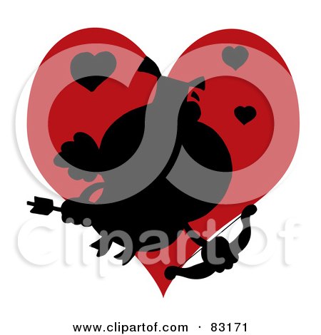 Royalty-Free (RF) Clipart Illustration of a Black Silhouette Of A Pig Cupid In Front Of A Red Heart by Hit Toon