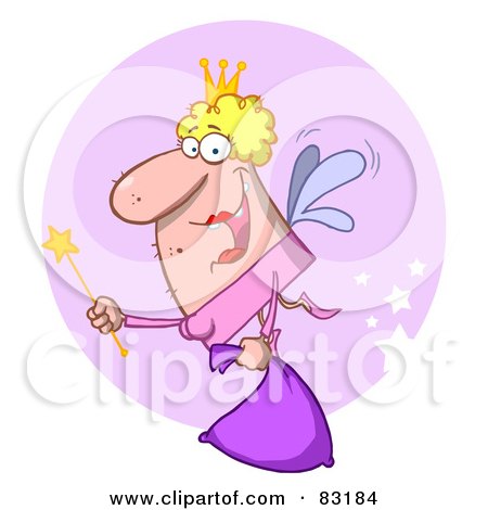 Royalty-Free (RF) Clipart Illustration of a Fairy Godmother Flying With A Bag, In Front Of A Purple Circle by Hit Toon