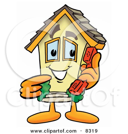 Clipart Picture of a House Mascot Cartoon Character Holding a Telephone by Mascot Junction