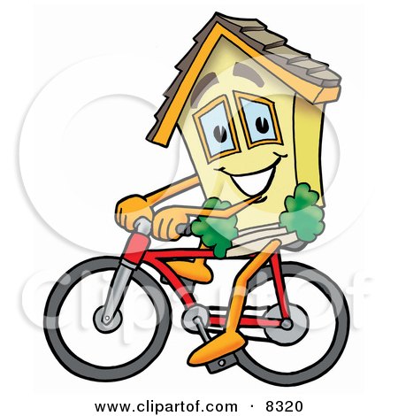 Clipart Picture of a House Mascot Cartoon Character Riding a Bicycle by Mascot Junction
