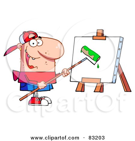 Royalty-Free (RF) Clipart Illustration of a Young Man Using A Roller Brush To Paint A Canvas by Hit Toon