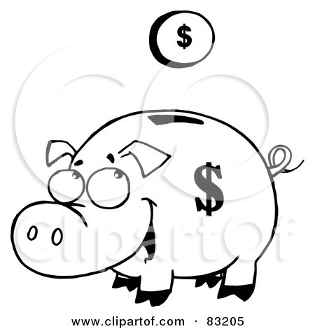 Royalty-Free (RF) Clipart Illustration of an Outlined Coin And Piggy Bank by Hit Toon