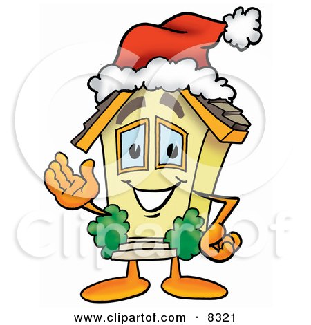 Clipart Picture of a House Mascot Cartoon Character Wearing a Santa Hat and Waving by Mascot Junction