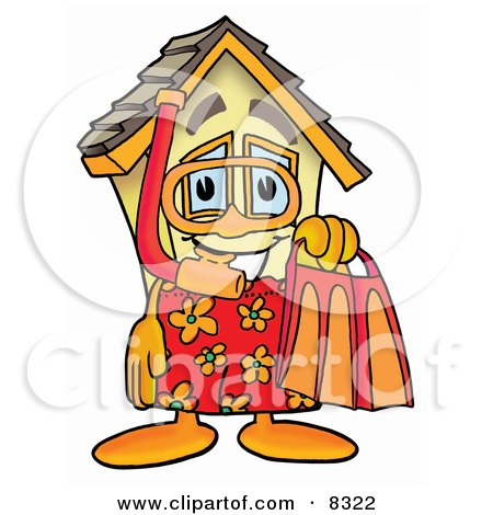 Clipart Picture of a House Mascot Cartoon Character in Orange and Red Snorkel Gear by Mascot Junction