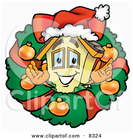 Clipart Picture of a House Mascot Cartoon Character in the Center of a Christmas Wreath by Mascot Junction