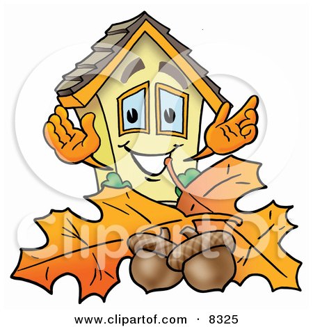 Clipart Picture of a House Mascot Cartoon Character With Autumn Leaves and Acorns in the Fall by Mascot Junction