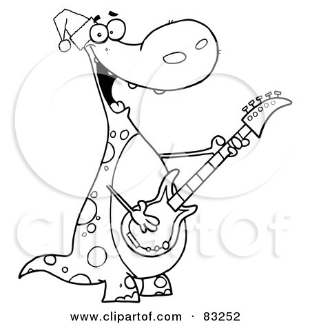 Royalty-Free (RF) Clipart Illustration of an Outlined Christmas Dino Playing Guitar by Hit Toon