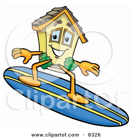 Clipart Picture of a House Mascot Cartoon Character Surfing on a Blue and Yellow Surfboard by Mascot Junction