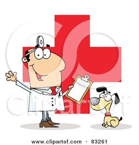Royalty-Free (RF) Clipart Illustration of a Male Vet With A Dog Over A Red Cross by Hit Toon