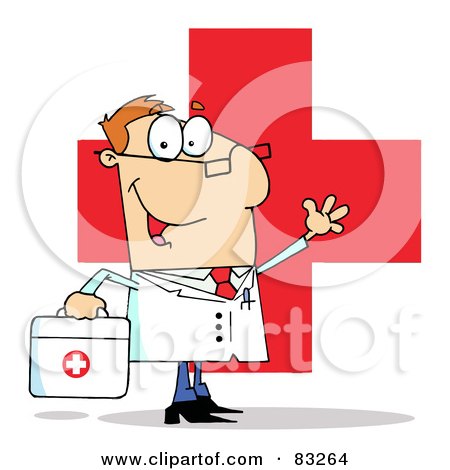 Royalty-Free (RF) Clipart Illustration of a Friendly Male Doctor Waving Over A Red Cross by Hit Toon