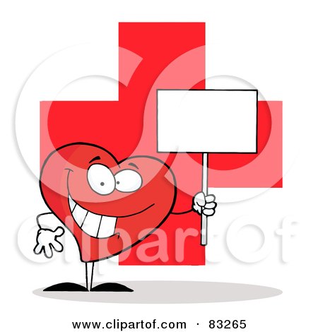 Royalty-Free (RF) Clipart Illustration of a Red Heart Holding A Blank Sign Over A Red Cross by Hit Toon