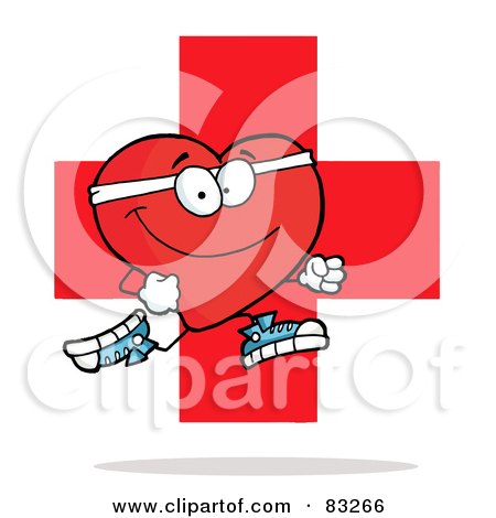 Royalty-Free (RF) Clipart Illustration of a Red Heart Jogging Over A Red Cross by Hit Toon