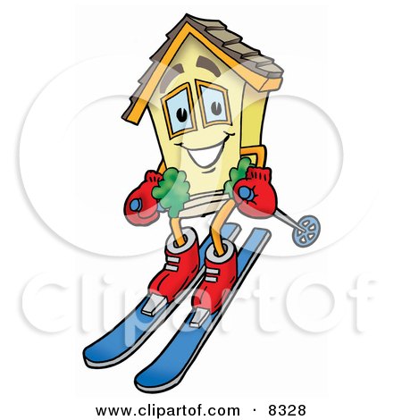 Clipart Picture of a House Mascot Cartoon Character Skiing Downhill by Mascot Junction