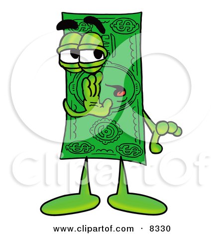 Clipart Picture of a Dollar Bill Mascot Cartoon Character Whispering and Gossiping by Mascot Junction
