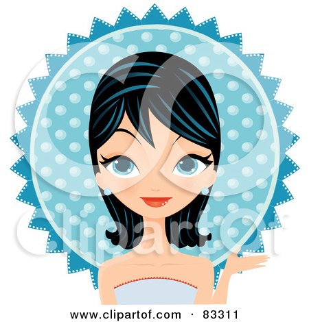 Royalty-Free (RF) Clipart Illustration of a Black Haired Blue Eyed Formal Woman Wearing A Blue Gown And Earrings, In Front Of A Blue Sun by Melisende Vector