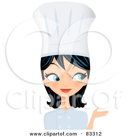 Royalty-Free (RF) Clipart Illustration of a Black Haired, Blue Eyed Female Chef Presenting With Her Hand by Melisende Vector