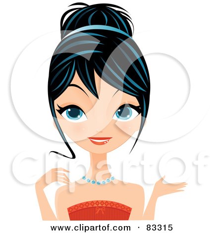 Royalty-Free (RF) Clipart Illustration of a Black Haired Blue Eyed Woman Wearing A Blue Necklace And A Red Dress, Her Hair Up by Melisende Vector