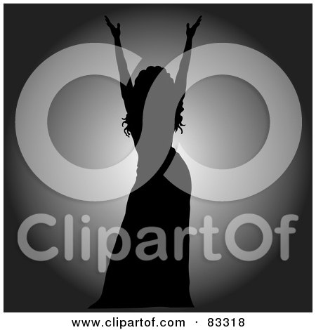Royalty-Free (RF) Clipart Illustration of a Black Silhouetted Female Performer Holding Up Her Arms Over A Gray Spotlight by Pams Clipart