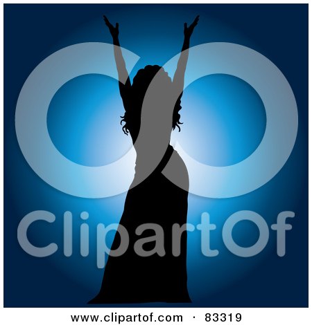 Royalty-Free (RF) Clipart Illustration of a Black Silhouetted Female Performer Holding Up Her Arms Over A Blue Spotlight by Pams Clipart