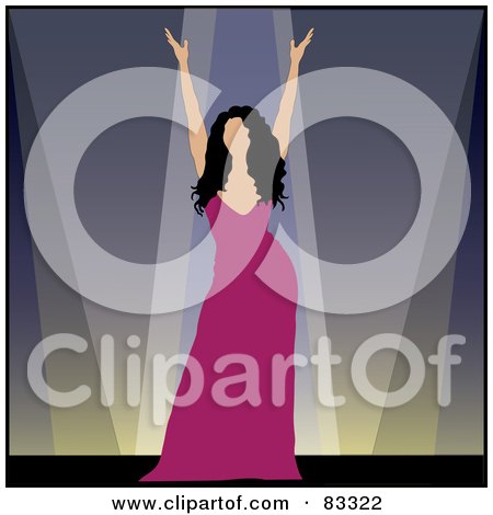 Royalty-Free (RF) Clipart Illustration of a Female Performer In A Pink Dress, Holding Up Her Arms On Stage by Pams Clipart
