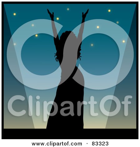 Royalty-Free (RF) Clipart Illustration of a Black Silhouette Of A Female Performer Holding Up Her Arms On Stage by Pams Clipart
