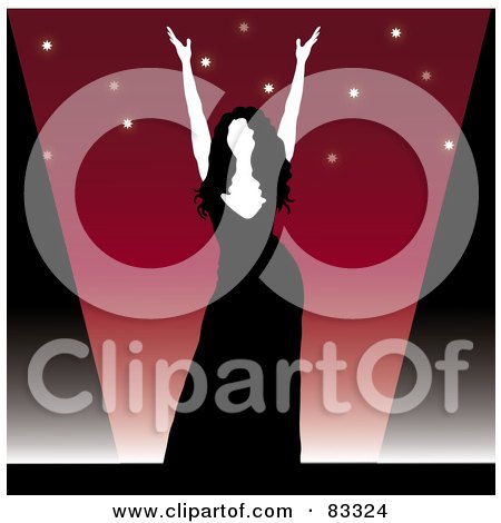 Royalty-Free (RF) Clipart Illustration of a Female Performer In A Black Dress, Holding Up Her Arms On Stage by Pams Clipart