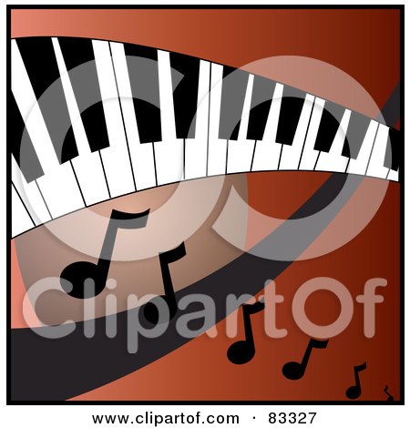 Royalty-Free (RF) Clipart Illustration of a Curved Keyboard Over A Red And Orange Background With Music Notes by Pams Clipart