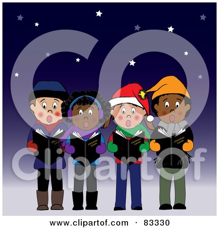 Royalty-Free (RF) Clipart Illustration of a Diverse Group Of Boys And Girls Singing Christmas Carols Under The Stars by Pams Clipart