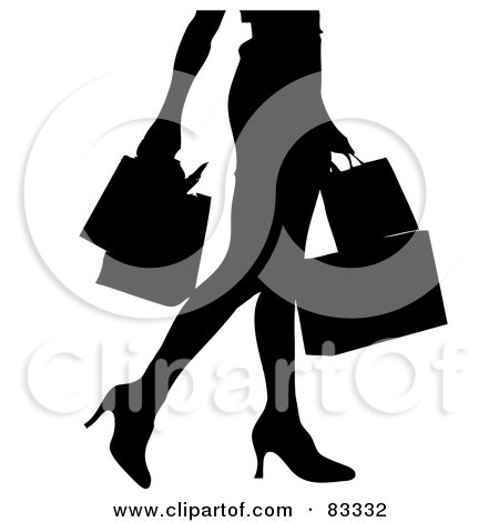Royalty-Free (RF) Clipart Illustration of a Black Silhouette Of A Woman From The Waist Down, Walking And Carrying Shopping Bags by Pams Clipart