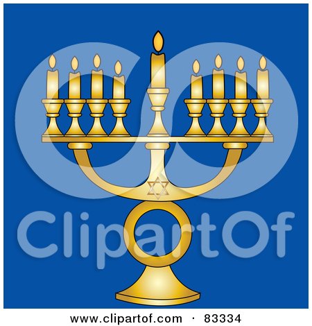 Royalty-Free (RF) Clipart Illustration of a Gold Jewish Menorah With Nine Gold Lit Candles On A Blue Background by Pams Clipart