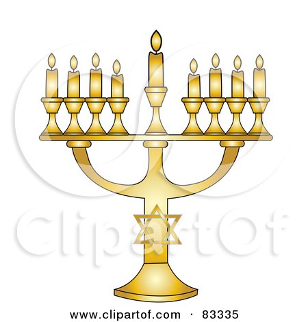 Royalty-Free (RF) Clipart Illustration of a Golden Jewish Menorah With Nine Gold Lit Candles On A White Background by Pams Clipart