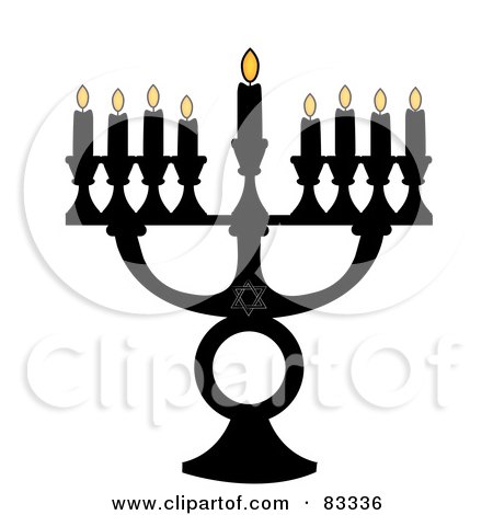 Royalty-Free (RF) Clipart Illustration of a Black Jewish Menorah With Nine Lit Candles On A White Background by Pams Clipart