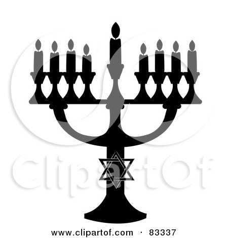 Royalty-Free (RF) Clipart Illustration of a Black Silhouetted Jewish Menorah With Nine Lit Candles On A White Background by Pams Clipart