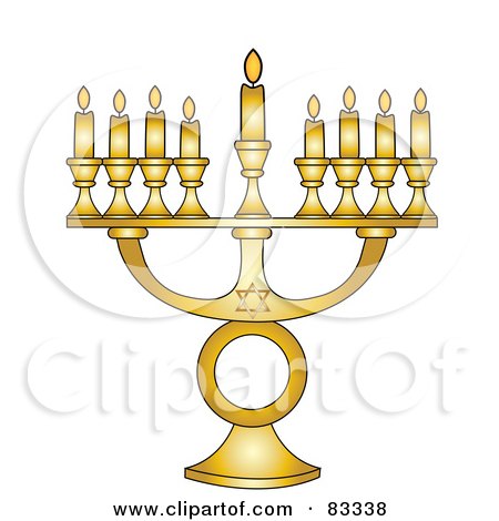 Royalty-Free (RF) Clipart Illustration of a Gold Jewish Menorah With Nine Gold Lit Candles On A White Background by Pams Clipart