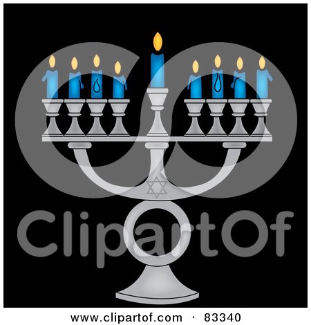 Royalty-Free (RF) Clipart Illustration of a Silver Jewish Menorah With Nine Blue Lit Candles On A Black Background by Pams Clipart