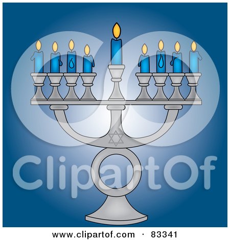 Royalty-Free (RF) Clip Art Illustration of a Silver Jewish Menorah With Nine Blue Lit Candles On A Blue Background by Pams Clipart