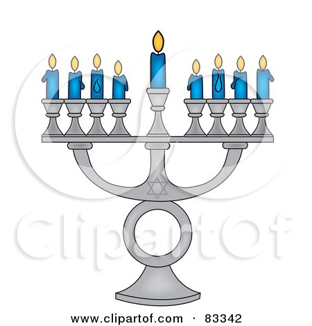 Royalty-Free (RF) Clipart Illustration of a Silver Jewish Menorah With Nine Blue Lit Candles On A White Background by Pams Clipart