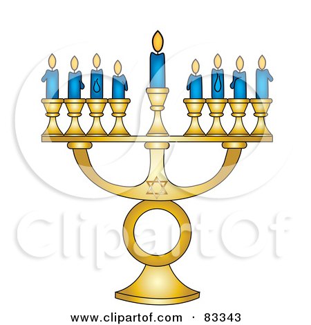 Royalty-Free (RF) Clipart Illustration of a Gold Jewish Menorah With Nine Blue Lit Candles On A White Background by Pams Clipart