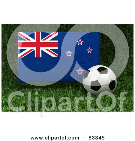 Royalty-Free (RF) Clipart Illustration of a 3d Soccer Ball Resting In The Grass In Front Of A Reflective New Zealand Flag by stockillustrations