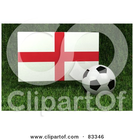 Royalty-Free (RF) Clipart Illustration of a 3d Soccer Ball Resting In The Grass In Front Of A Reflective England Flag by stockillustrations