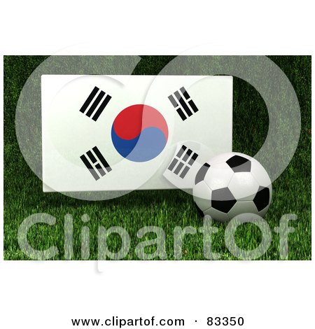 Royalty-Free (RF) Clipart Illustration of a 3d Soccer Ball Resting In The Grass In Front Of A Reflective South Korea Flag by stockillustrations