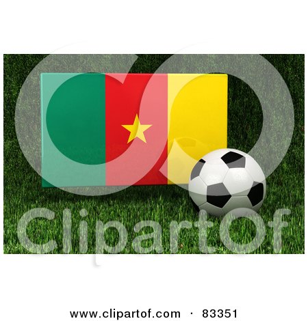 Royalty-Free (RF) Clipart Illustration of a 3d Soccer Ball Resting In The Grass In Front Of A Reflective Cameroon Flag by stockillustrations