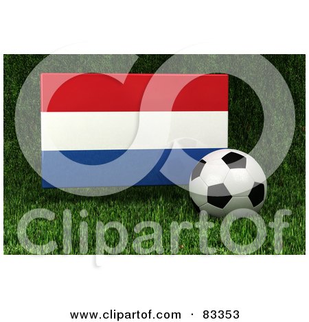 Royalty-Free (RF) Clipart Illustration of a 3d Soccer Ball Resting In The Grass In Front Of A Reflective Netherlands Flag by stockillustrations