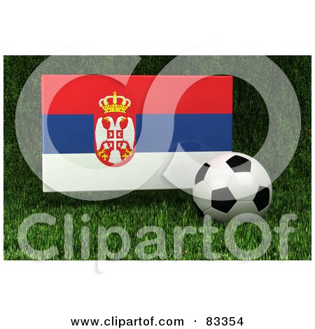 Royalty-Free (RF) Clipart Illustration of a 3d Soccer Ball Resting In The Grass In Front Of A Reflective Serbia Flag by stockillustrations